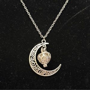 Crescent Moon & Heart Locket Pendant Silver Necklace